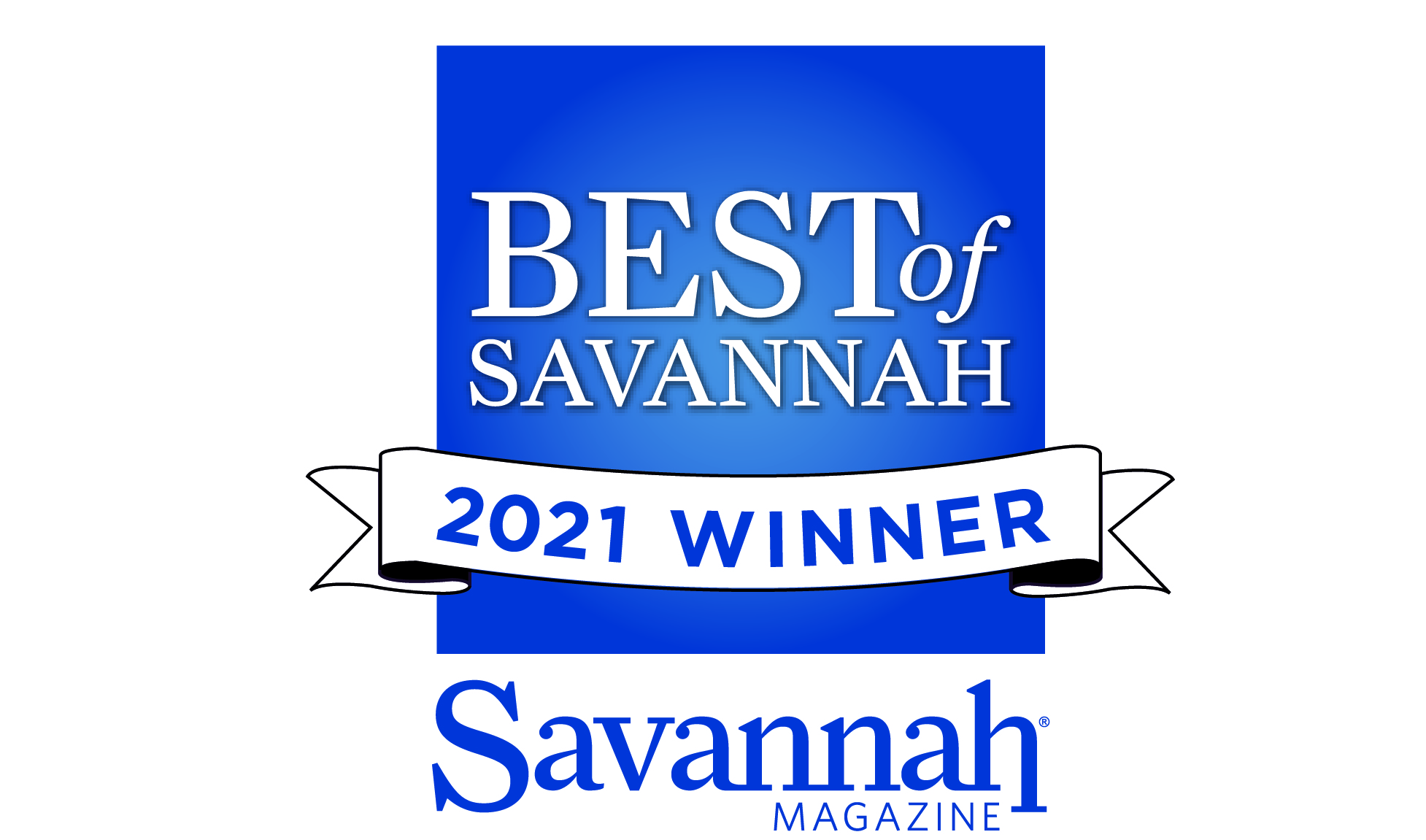 "Best of Savannah 2021 Winner" badge from Savannah Magazine on a blue gradient background.