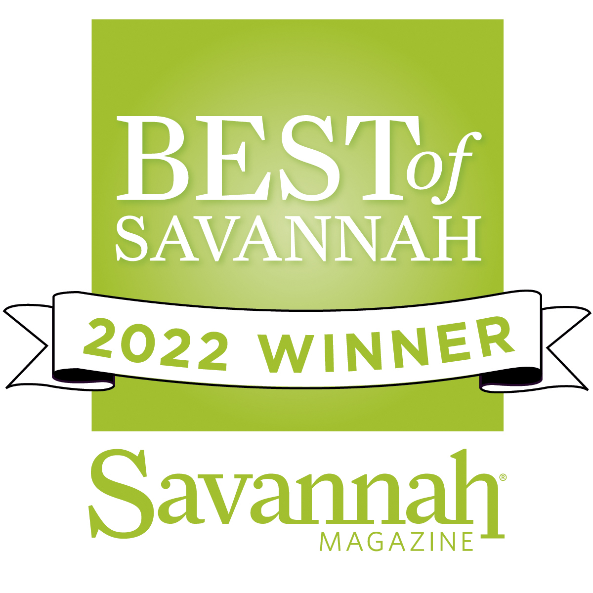 The image is an award badge reading "BEST of SAVANNAH 2022 WINNER" by Savannah Magazine, featuring a green background.