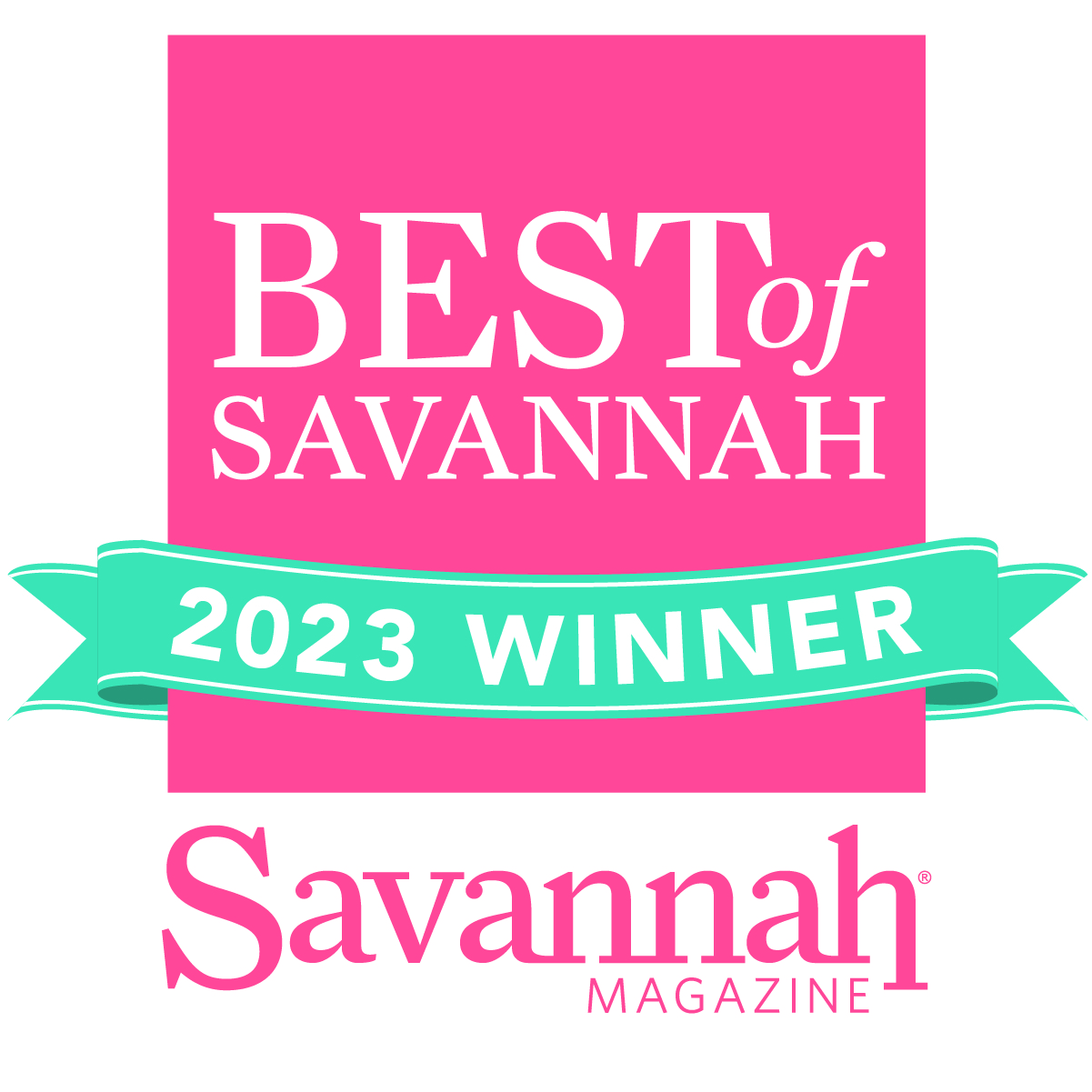 The image features a "Best of Savannah 2023 Winner" emblem with a pink background and a green ribbon, from Savannah Magazine.