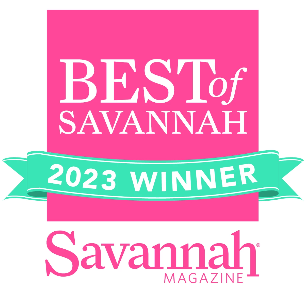 The image features a "Best of Savannah 2023 Winner" emblem with a pink background and a green ribbon, from Savannah Magazine. logo on footer section.