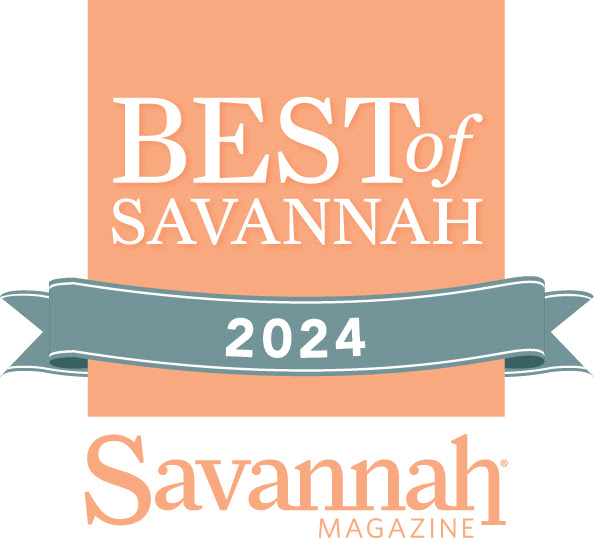 "Best of Savannah 2024" from Savannah Magazine, featuring a ribbon design in peach and teal colors.