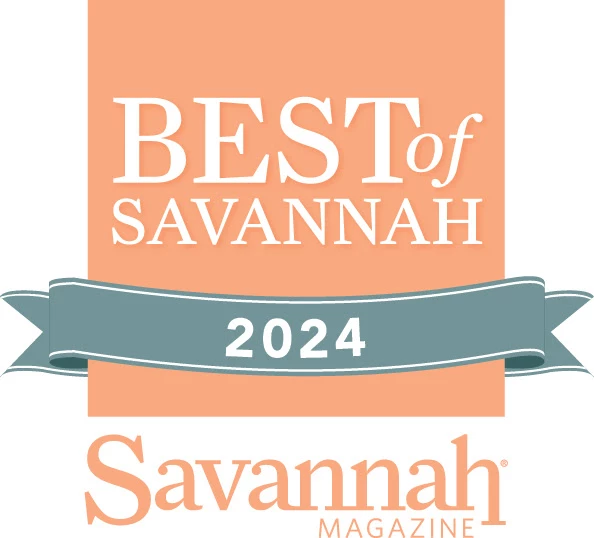 "Best of Savannah 2024" from Savannah Magazine, featuring a ribbon design in peach and teal colors. logo on footer section.