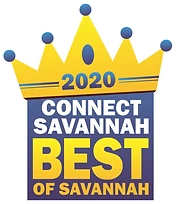 A graphic featuring a yellow crown with blue accents, stating "2020 Connect Savannah Best of Savannah." logo on footer section.