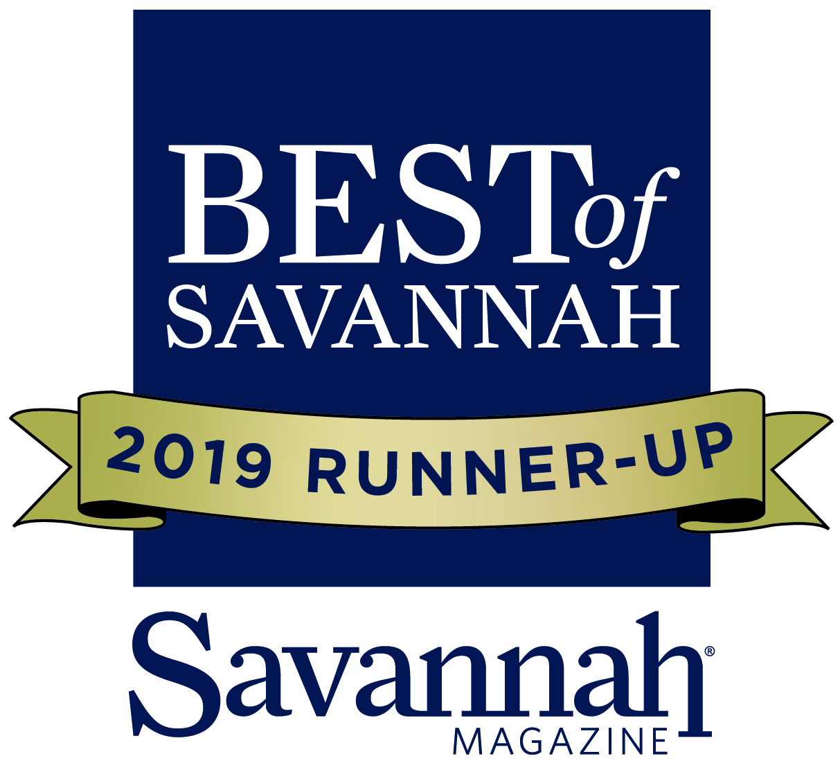 "Best of Savannah 2019 Runner-Up" award from Savannah Magazine, featuring a blue background and gold ribbon design.