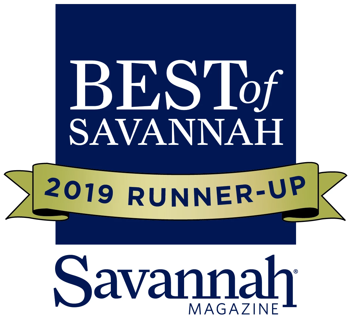 "Best of Savannah 2019 Runner-Up" award from Savannah Magazine, featuring a blue background and gold ribbon design. logo on footer section.