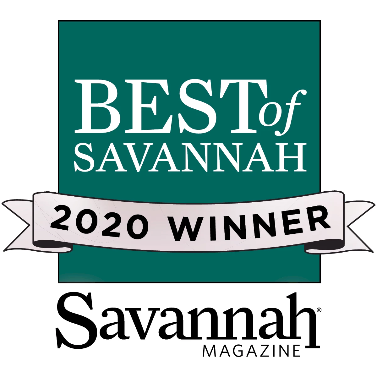 Award badge reading "Best of Savannah 2020 Winner" from Savannah Magazine. logo on footer section.