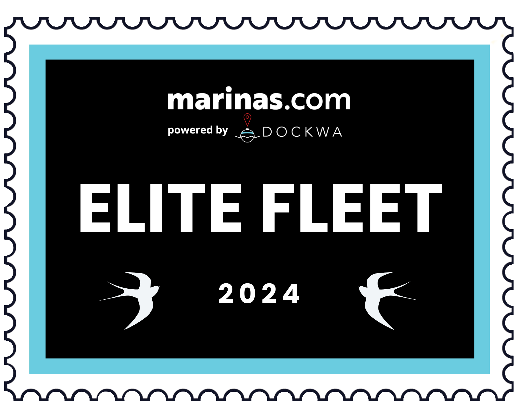 The image is a badge for marinas.com, powered by Dockwa, with "Elite Fleet 2024" and two bird silhouettes.