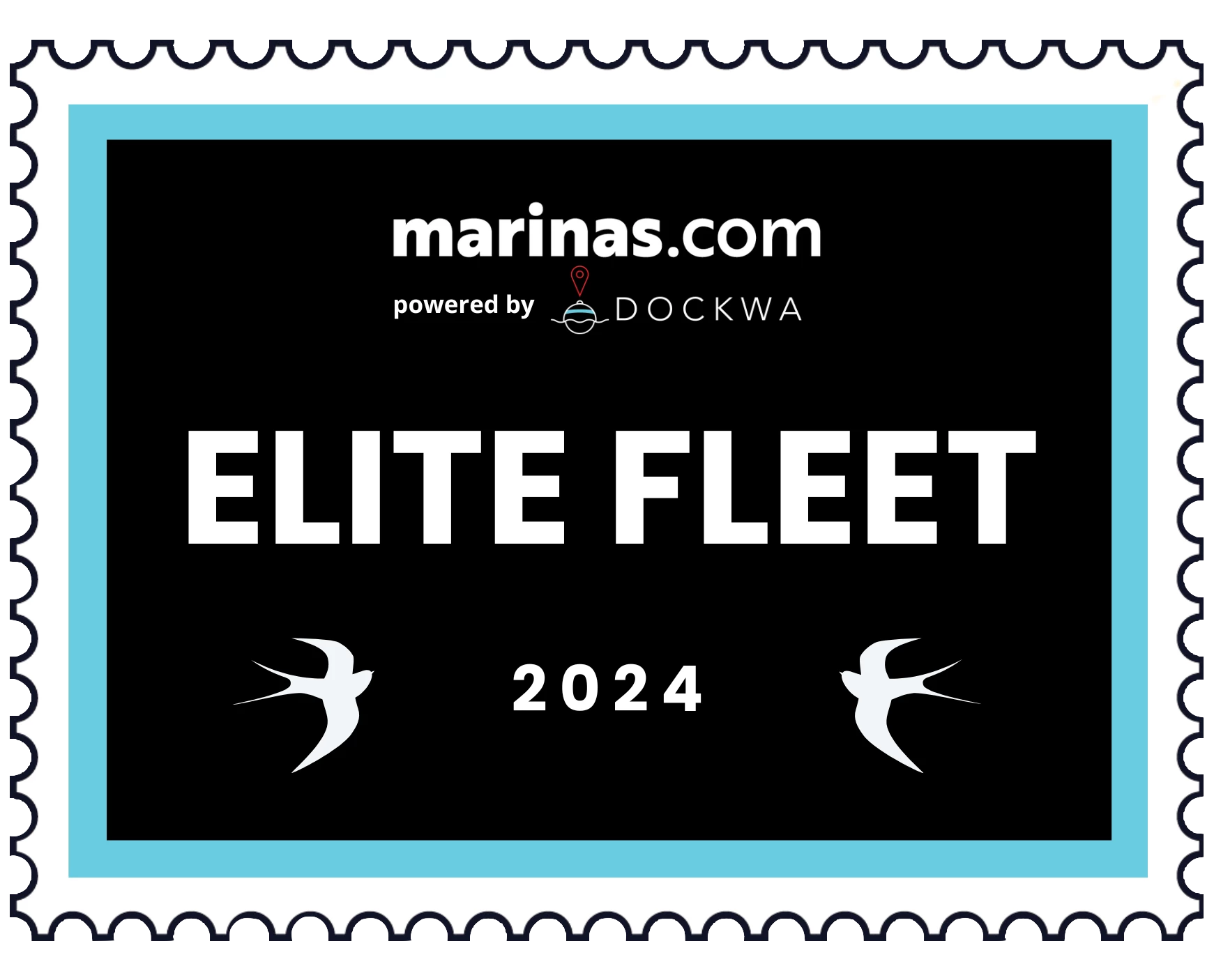 The image is a badge for marinas.com, powered by Dockwa, with "Elite Fleet 2024" and two bird silhouettes. logo on footer section.