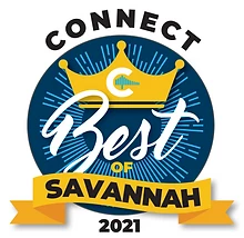 A circular badge with a crown, "Connect" on top, "Best of Savannah" in the middle, and "2021" at the bottom, featuring a yellow ribbon. logo on footer section.