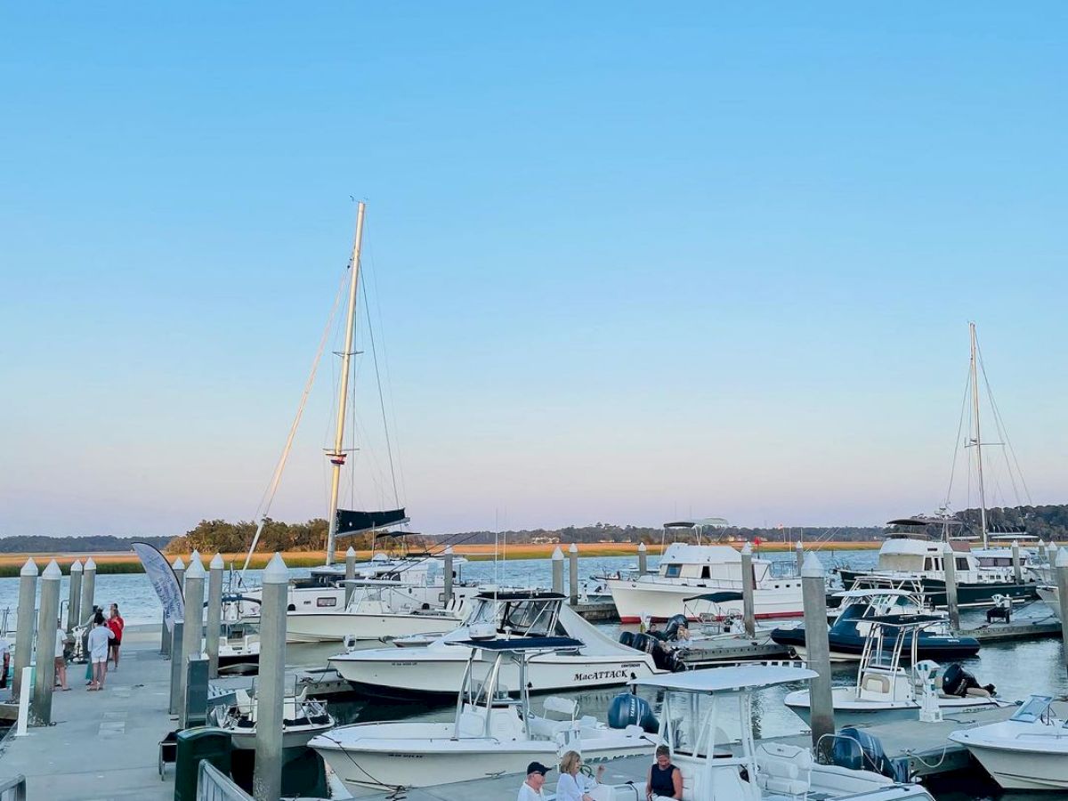 A serene marina scene with several anchored boats, depicting a clear sky and tranquil water, with a walkway leading to the docks in the foreground.