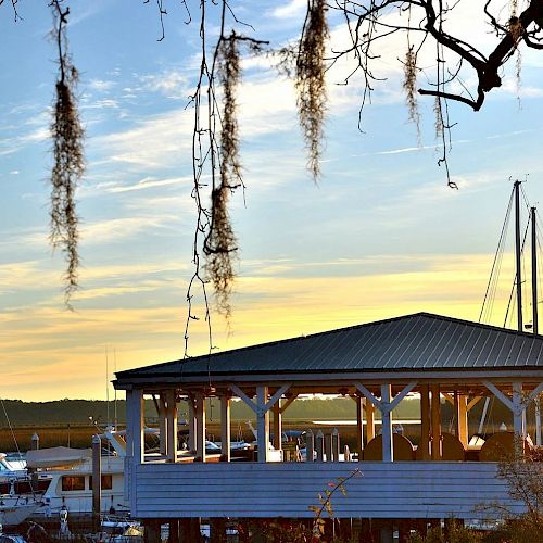 The image shows a scene at a marina during sunset, featuring boats docked near a wooden building with a tin roof and hanging moss in the foreground.