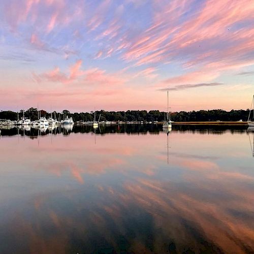 A serene harbor scene with multiple sailboats docked on calm water, reflecting a vibrant pink and blue sky during sunset.